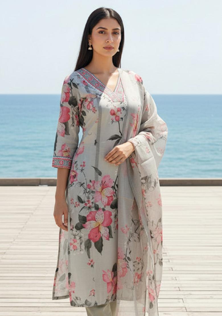 Off White Lace Work Rayon Straight Kurta Set - Indya