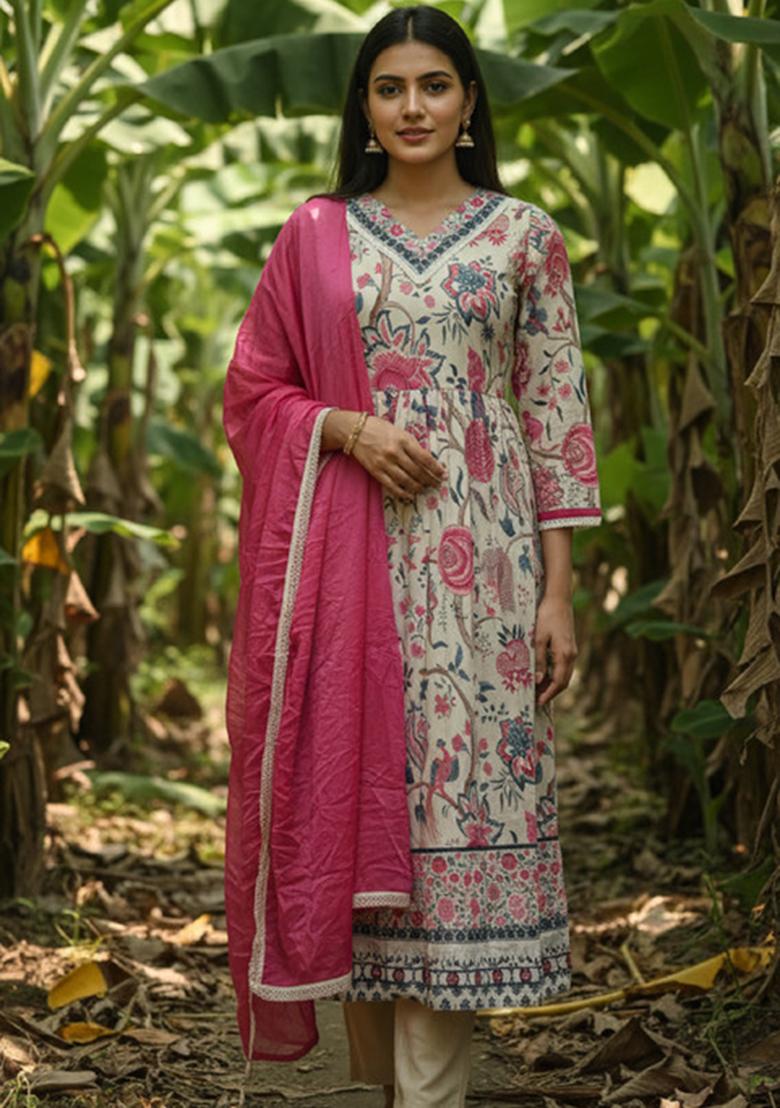 Off White Lace Work Rayon Straight Kurta Set - Indya