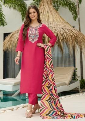 Deep Pink Thread Work Rayon Kurta Set