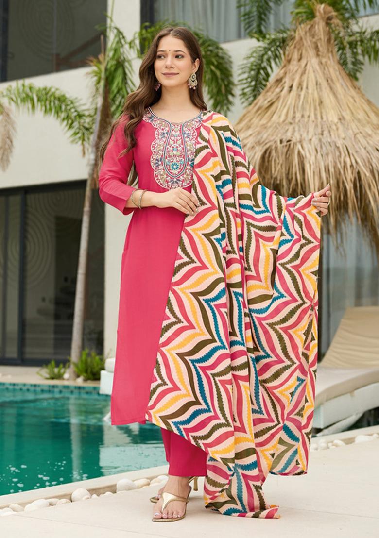 Deep Pink Thread Work Rayon Straight Kurta Set - Indya
