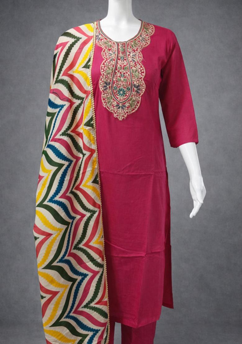 Deep Pink Thread Work Rayon Straight Kurta Set - Indya