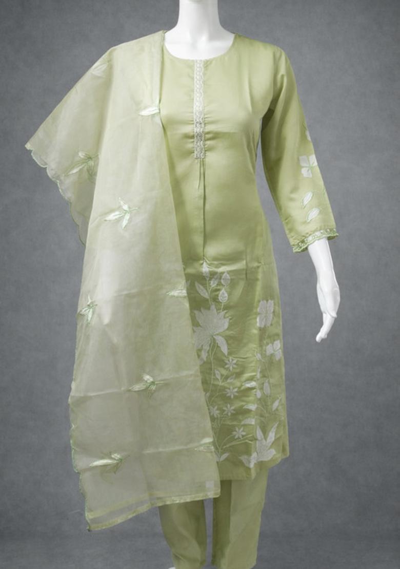 Pistachio Green Floral Print Silk Anarkali Set - Indya