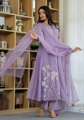Lavender Embroidery Silk Kurta Set