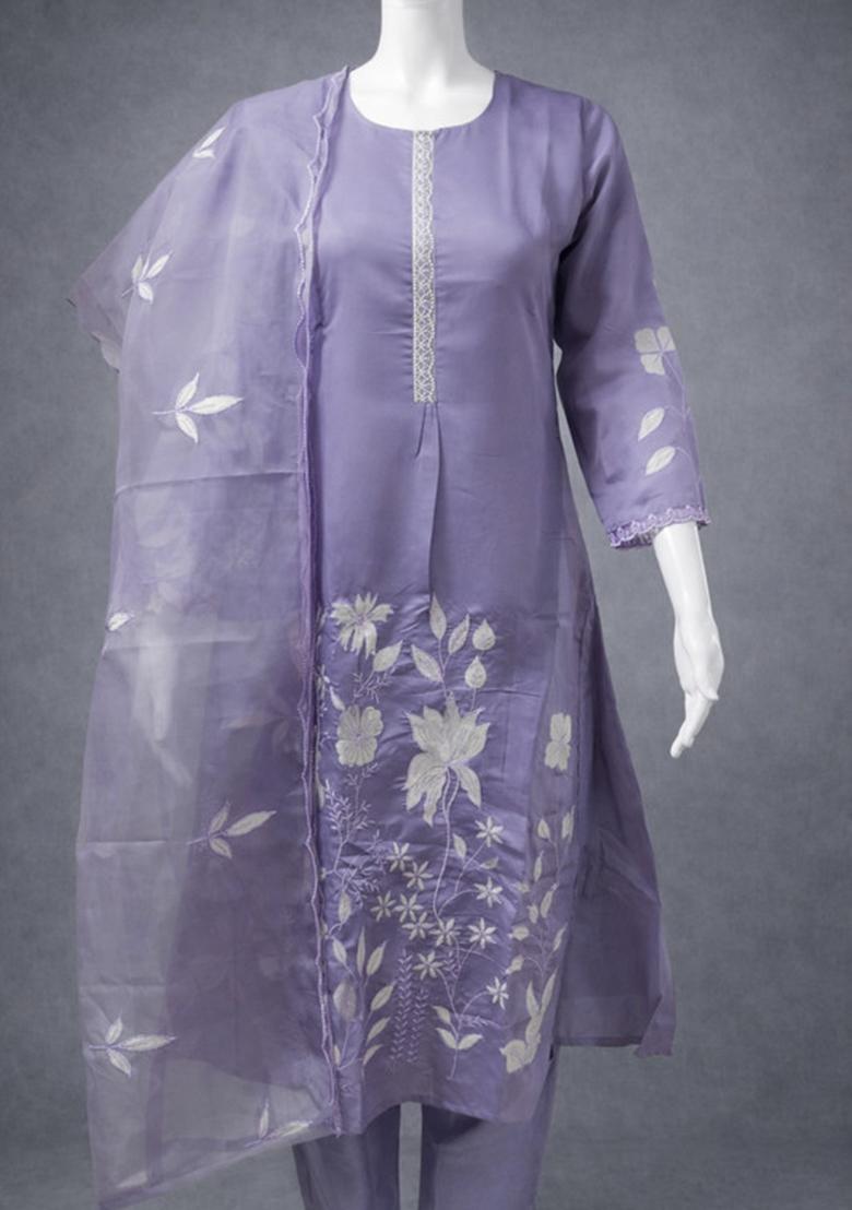 Lavender Embroidery Silk Anarkali Set - Indya