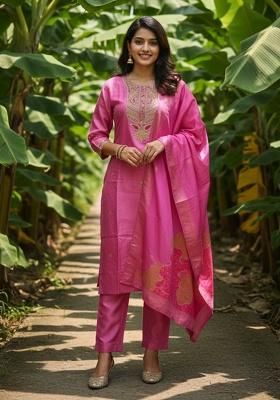 Pink Embroidery Viscose Kurta Set