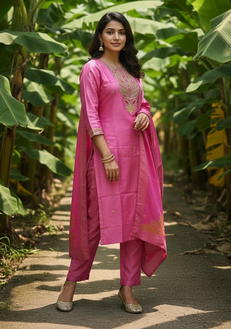 Pink Embroidery Viscose Kurta Set - Indya