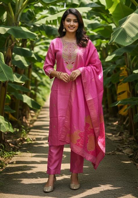 Pink Embroidery Viscose Kurta Set