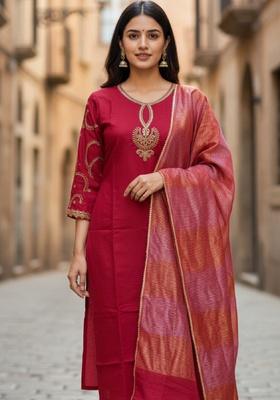 Red Embroidery Chanderi Kurta Set