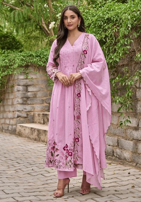 Pink Floral Print Silk Anarkali Set