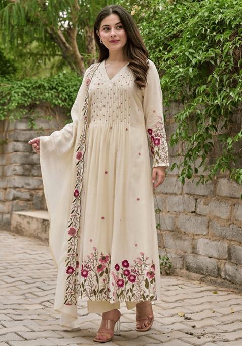 Off White Floral Print Silk Anarkali Set