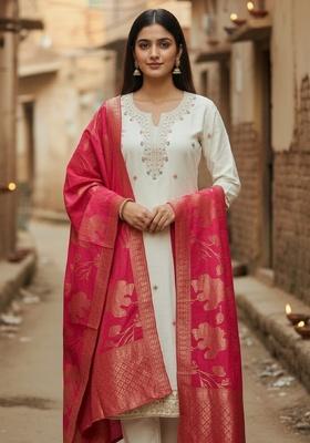 Off White Embroidery Chanderi Kurta Set