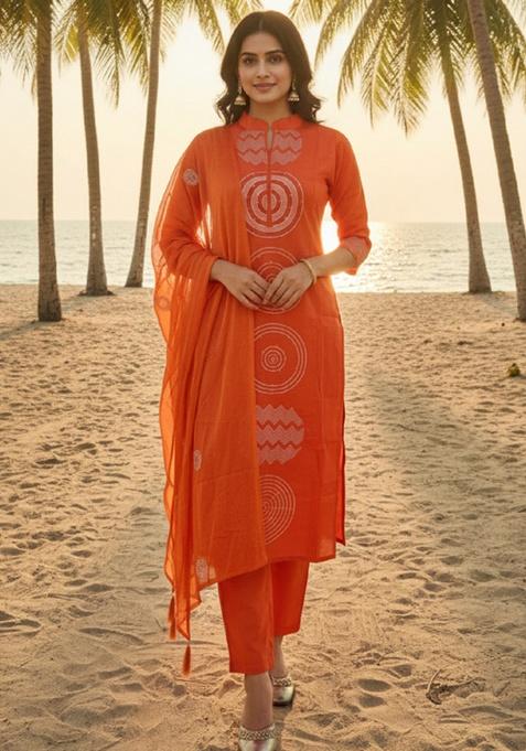 Orange Embroidery Chanderi Kurta Set