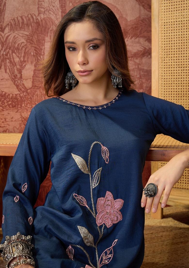 Navy Blue Embroidery Silk Kurta Set - Indya