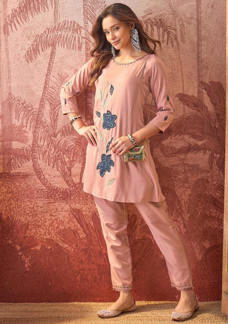 Pink Embroidery Silk Kurta Set - Indya
