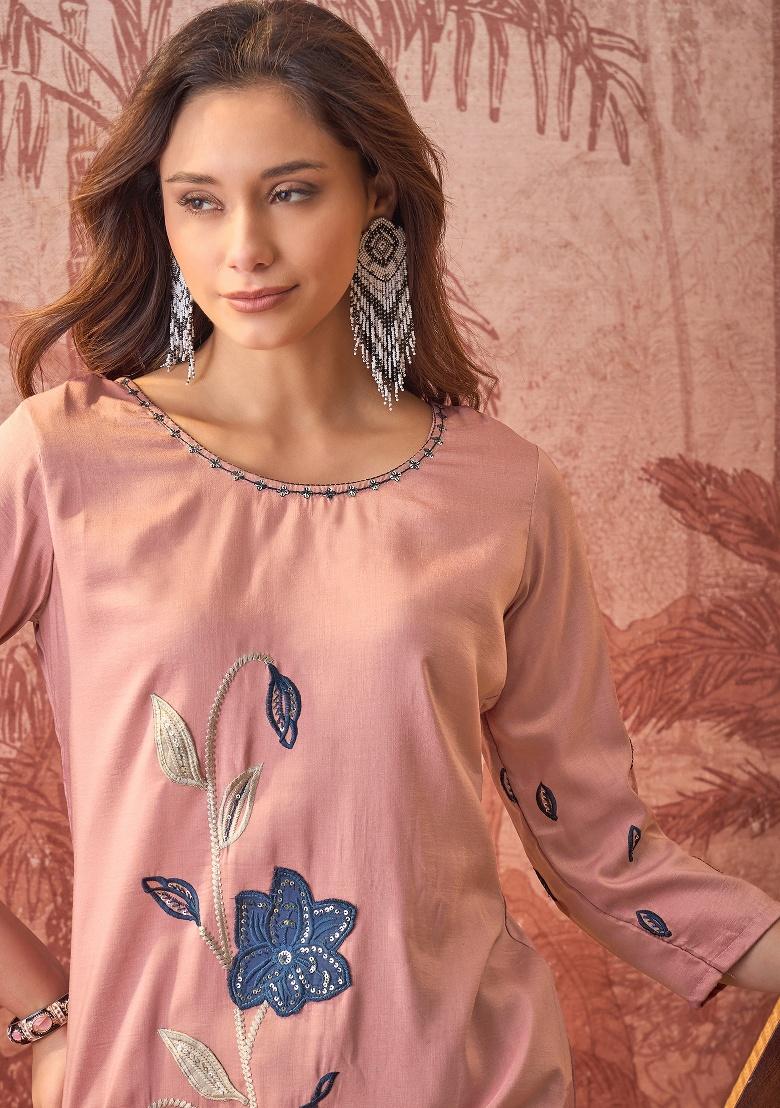Pink Embroidery Silk Kurta Set - Indya
