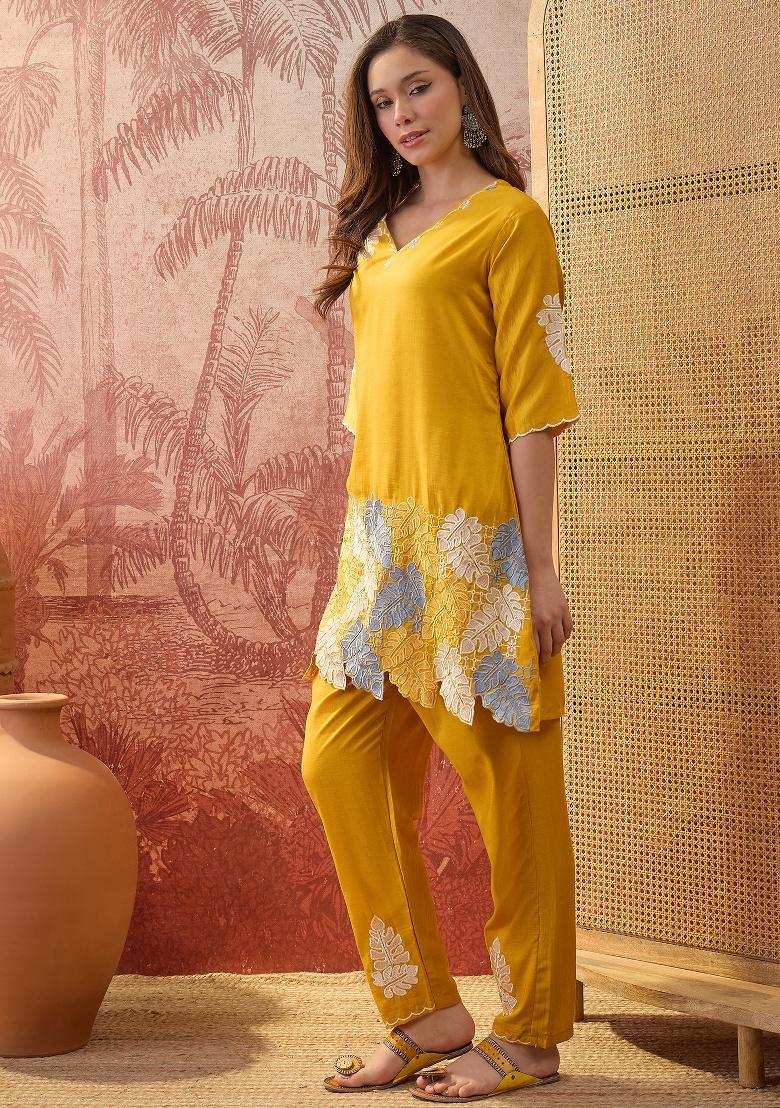 Mustard Embroidery Chinon Kurta Set - Indya