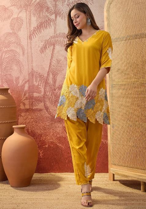 Mustard Embroidery Chinon Kurta Set