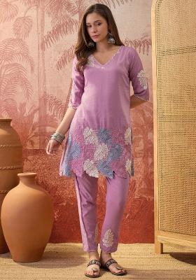 Mauve Embroidery Chinon Kurta Set