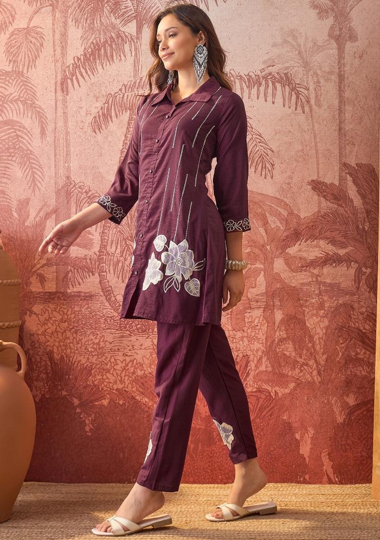 Maroon Embroidery Chinon Kurta Set - Indya