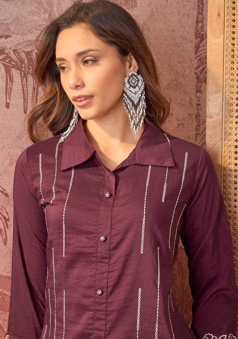 Maroon Embroidery Chinon Kurta Set - Indya