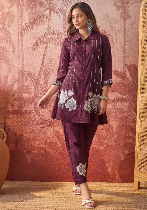 Maroon Embroidery Chinon Kurta Set