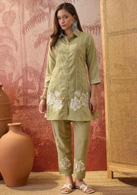 Pista Green Embroidery Chinon Kurta Set