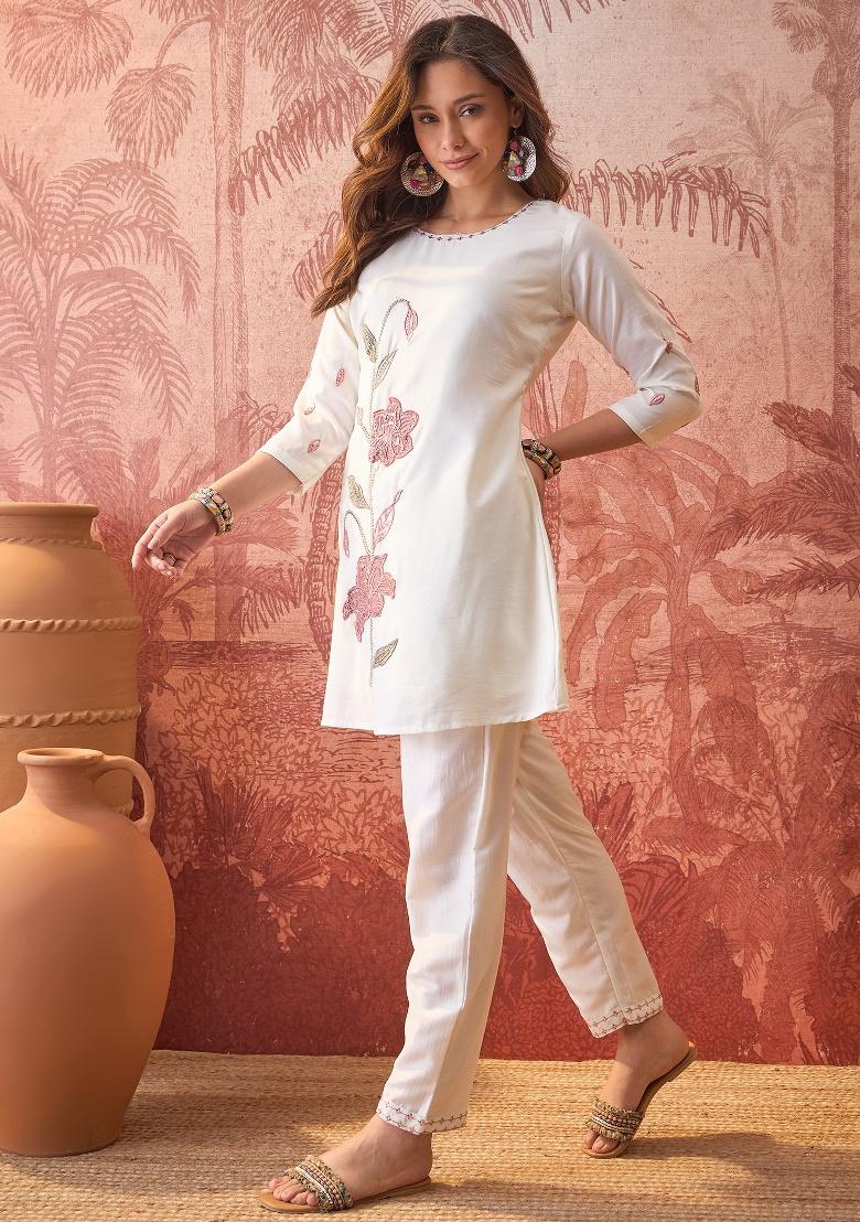 Off White Embroidery Silk Kurta Set - Indya