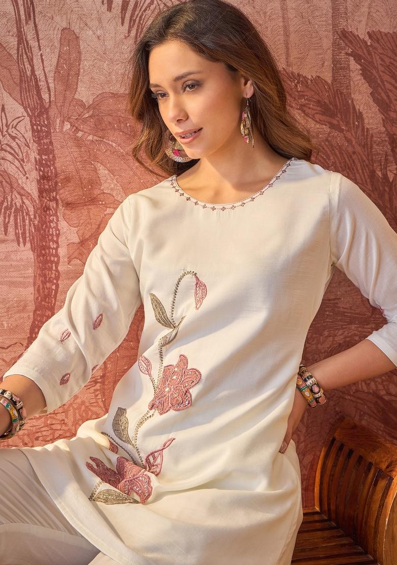 Off White Embroidery Silk Kurta Set - Indya