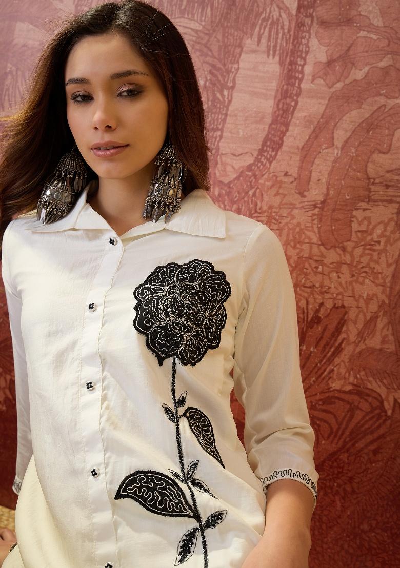 Off White Embroidery Silk Kurta Set - Indya