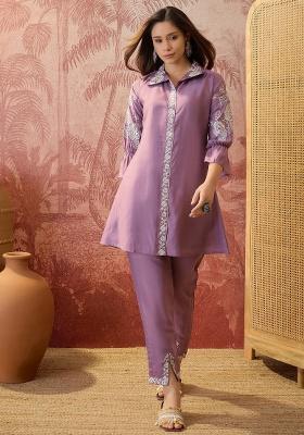Purple Embroidery Silk Kurta Set