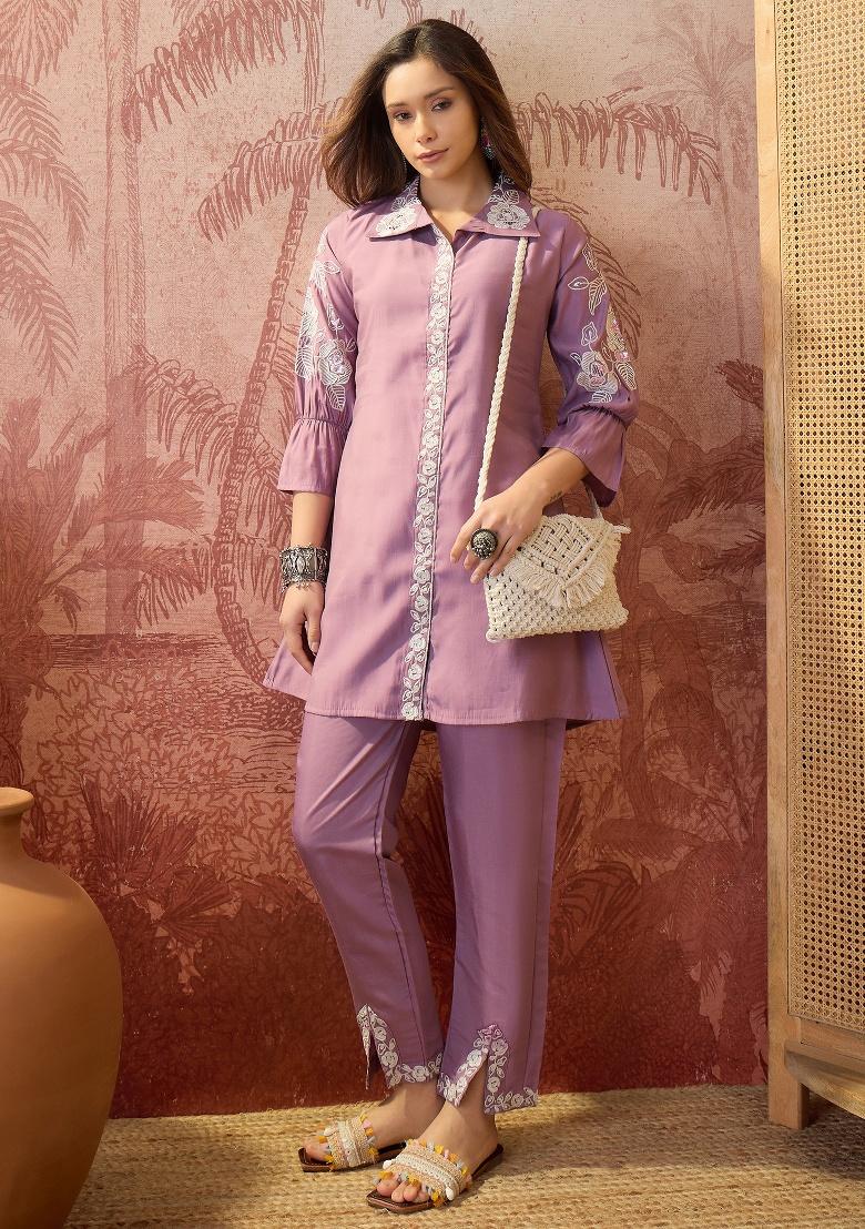 Purple Embroidery Silk Kurta Set - Indya