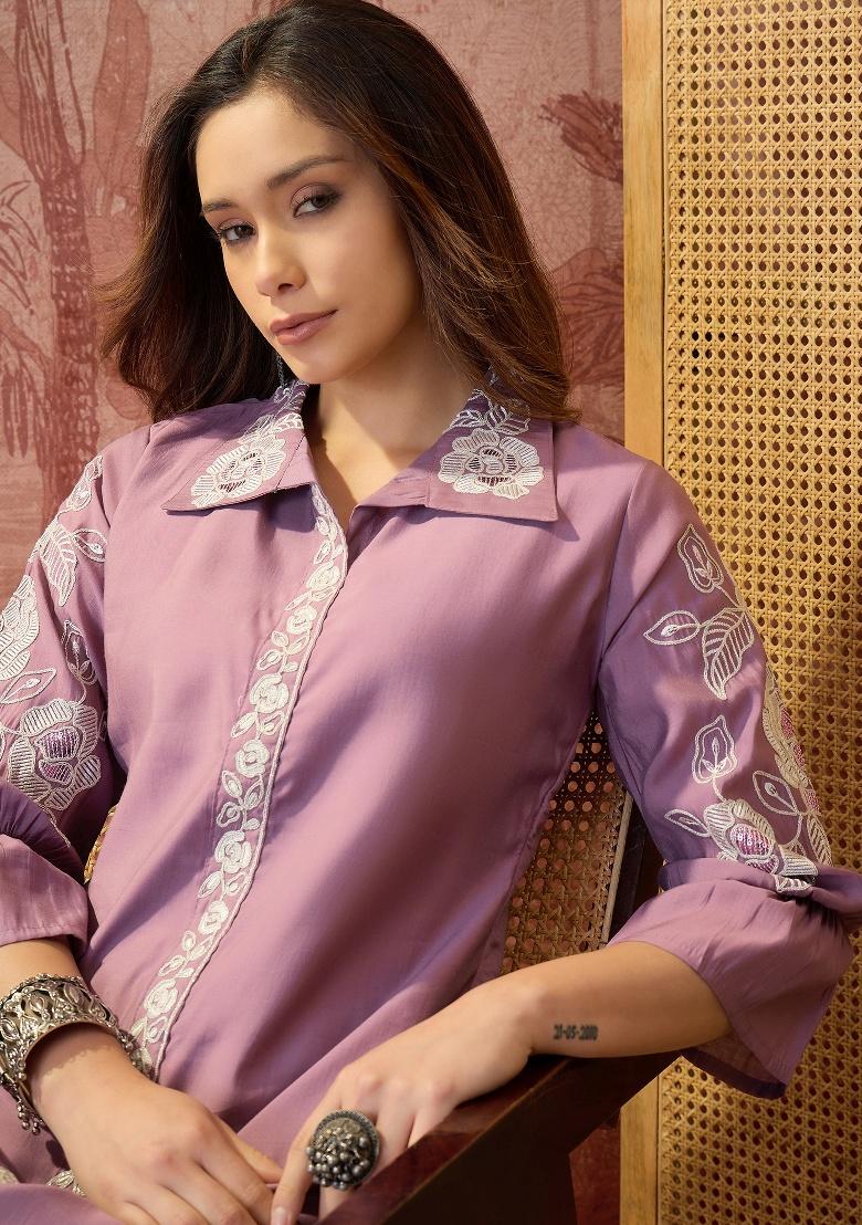 Purple Embroidery Silk Kurta Set - Indya