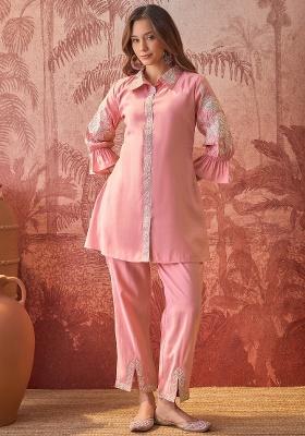 Pink Embroidery Silk Kurta Set