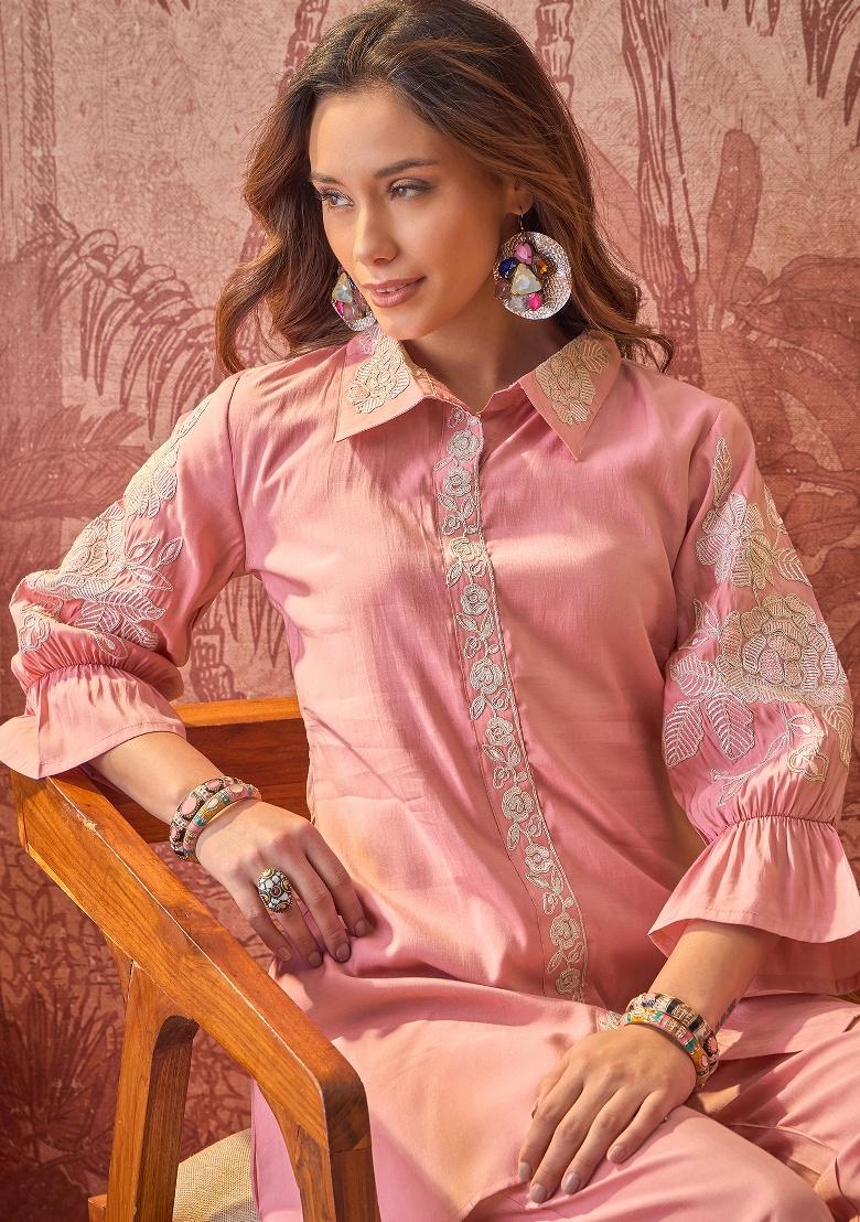 Pink Embroidery Silk Kurta Set - Indya