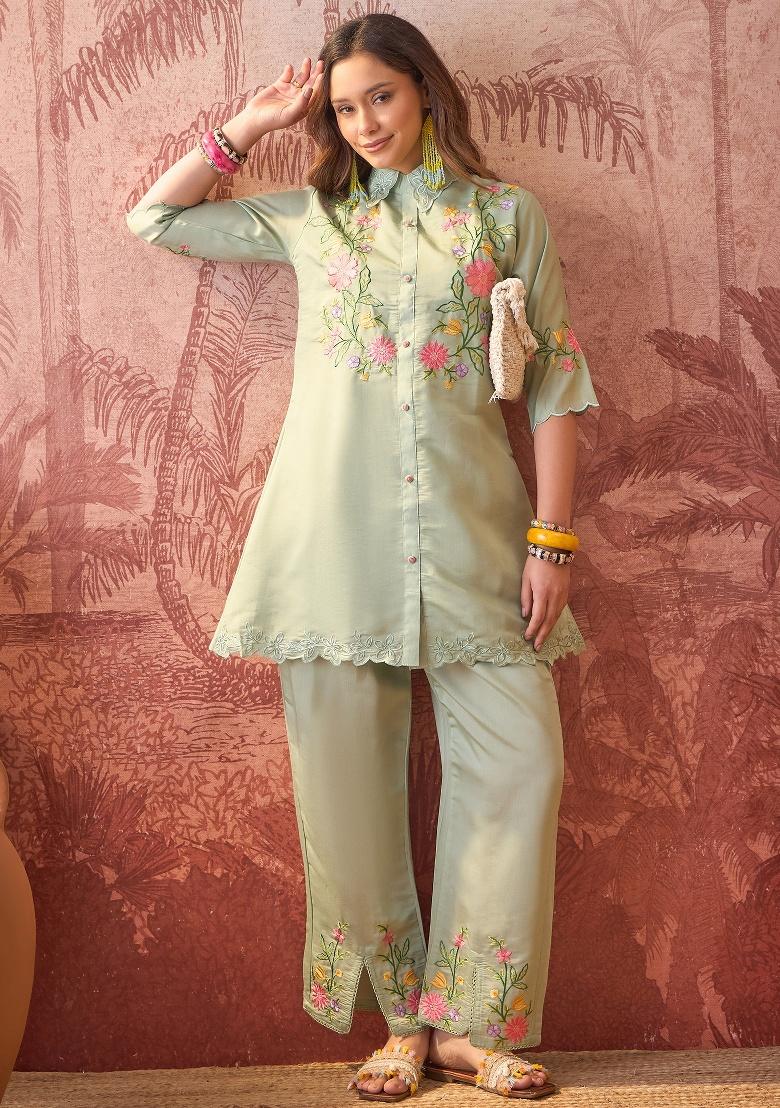 Green Embroidery Silk Kurta Set - Indya