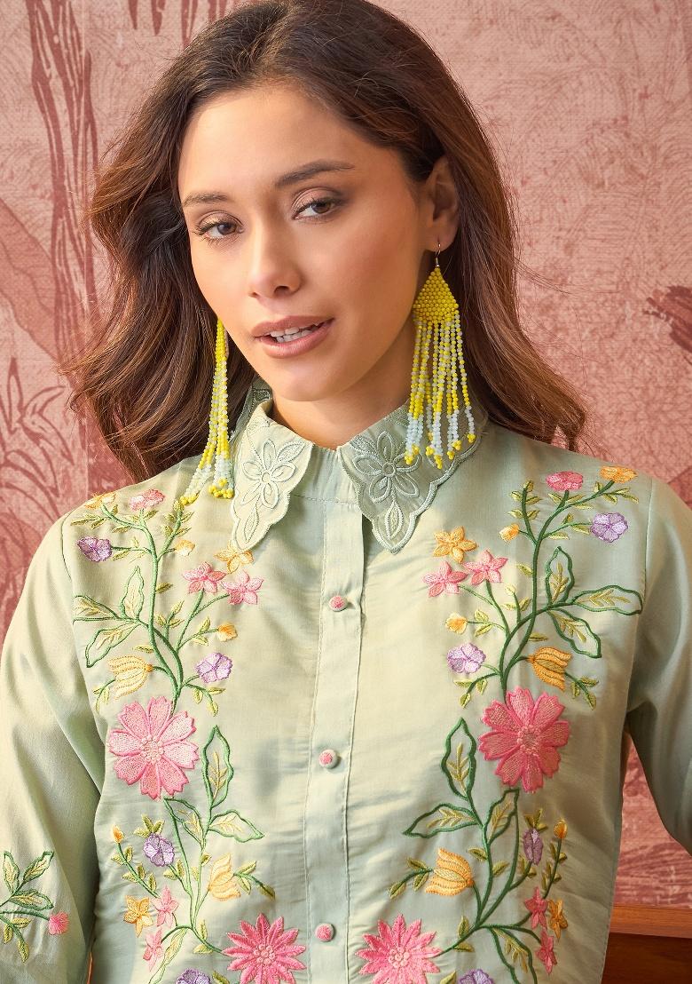 Green Embroidery Silk Kurta Set - Indya