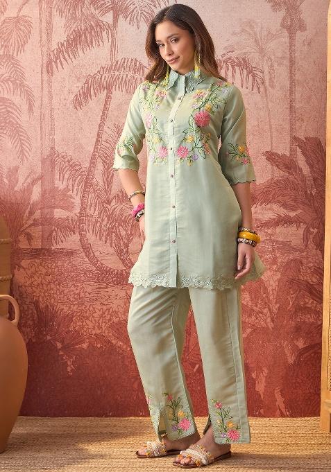 Green Embroidery Silk Kurta Set