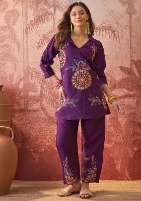 Purple Embroidery Silk Kurta Set