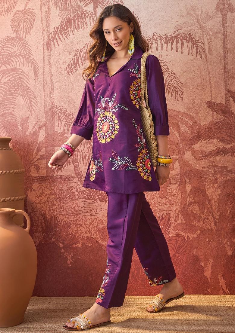 Purple Embroidery Silk Kurta Set - Indya