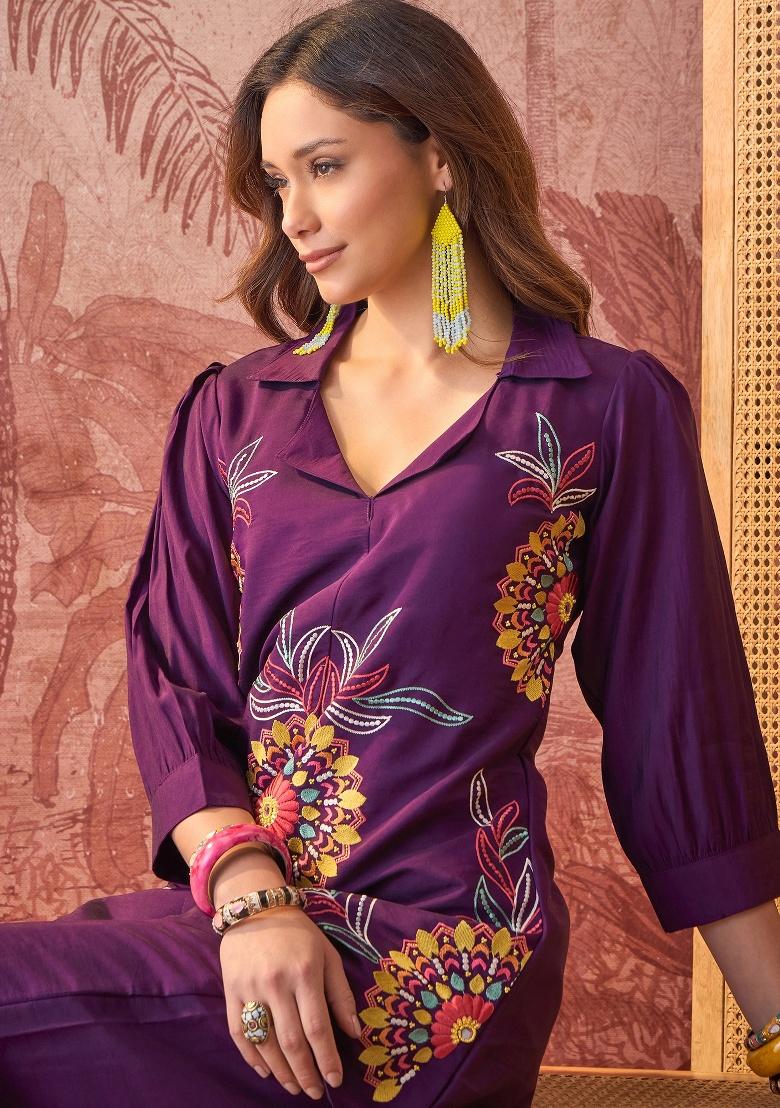 Purple Embroidery Silk Kurta Set - Indya