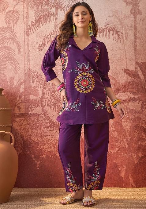 Purple Embroidery Silk Kurta Set