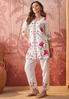 Off White Embroidery Silk Kurta Set