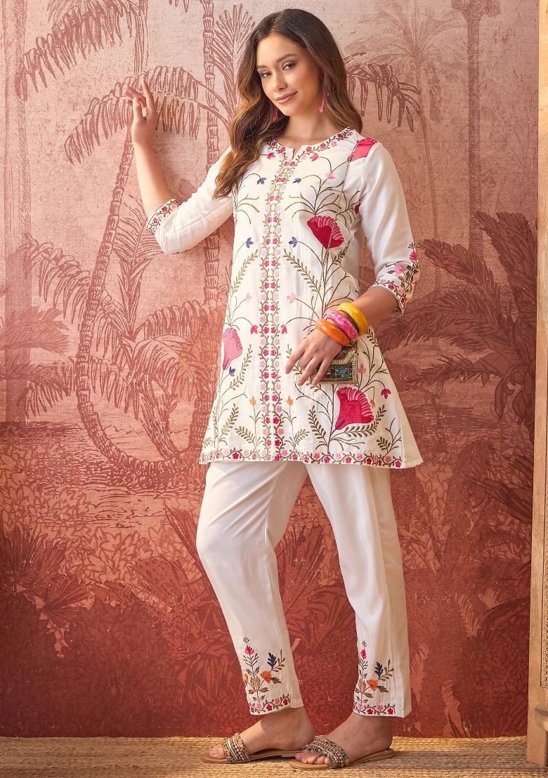 Off White Embroidery Silk Kurta Set - Indya