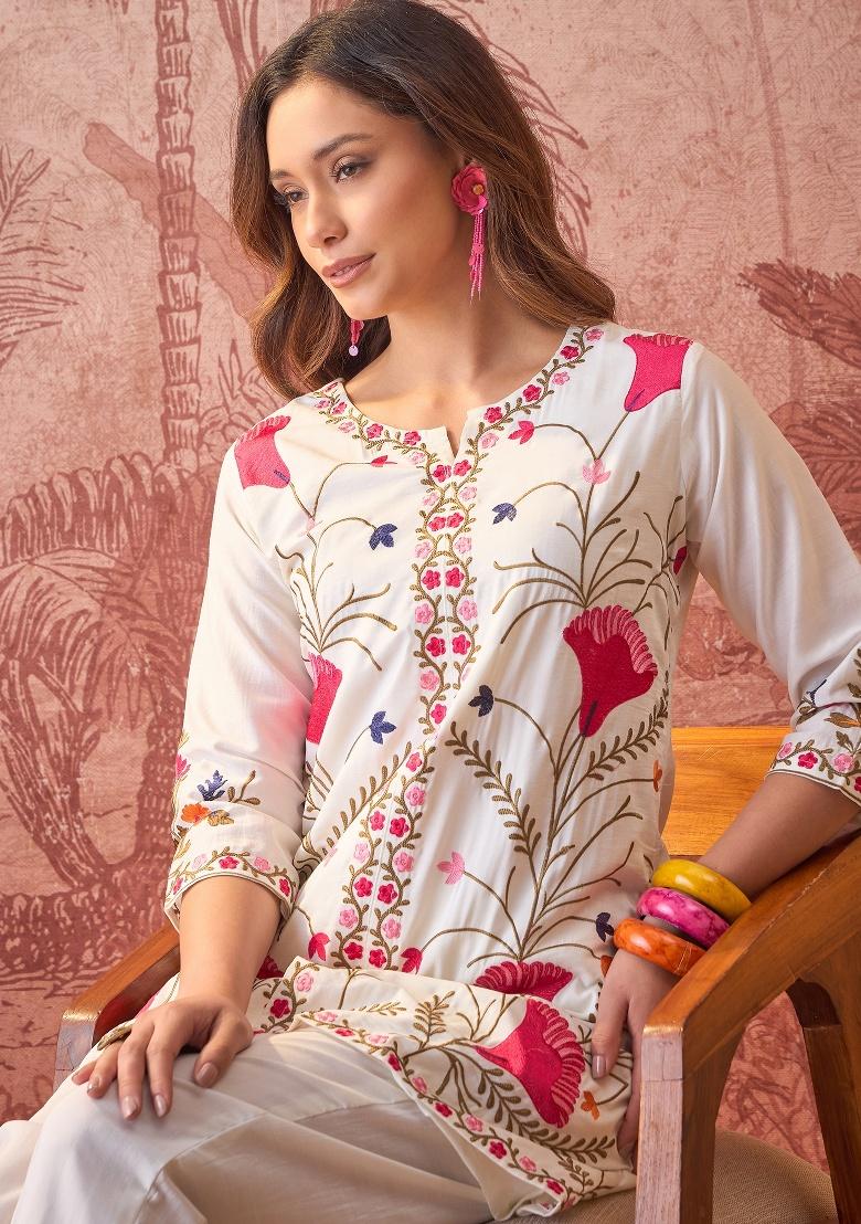 Off White Embroidery Silk Kurta Set - Indya