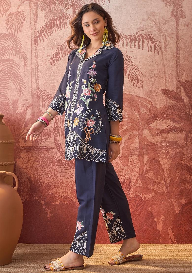 Navy Blue Embroidery Silk Kurta Set - Indya