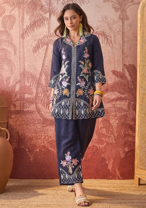 Navy Blue Embroidery Silk Kurta Set