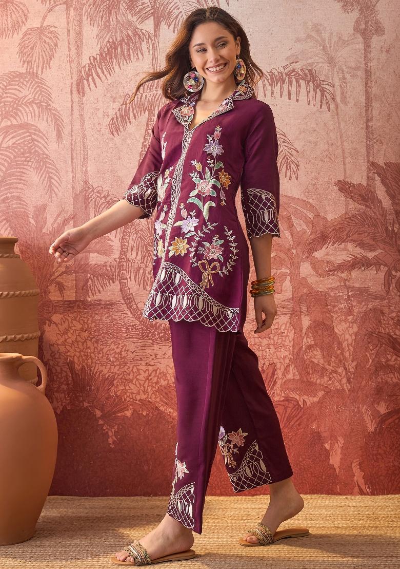Purple Embroidery Silk Kurta Set - Indya
