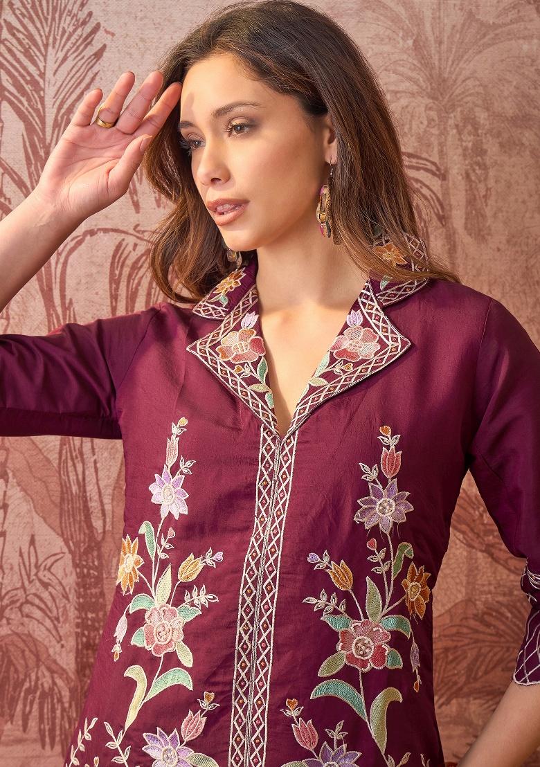 Purple Embroidery Silk Kurta Set - Indya