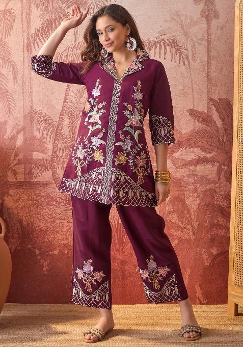 Purple Embroidery Silk Kurta Set