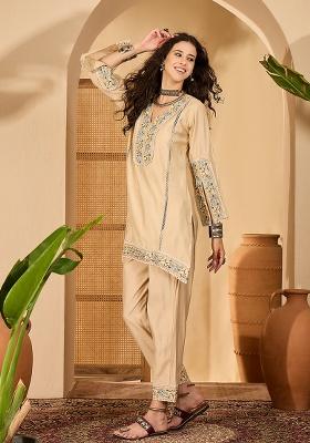 Beige Embroidery Silk Kurta Set